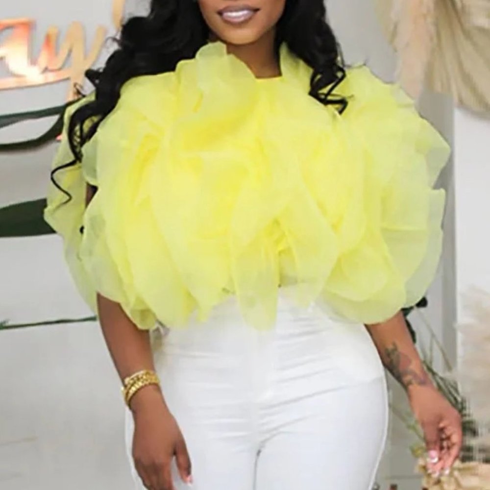 Yellow Ruffle Tulle Crop Top Blouse – Statement Organza Top